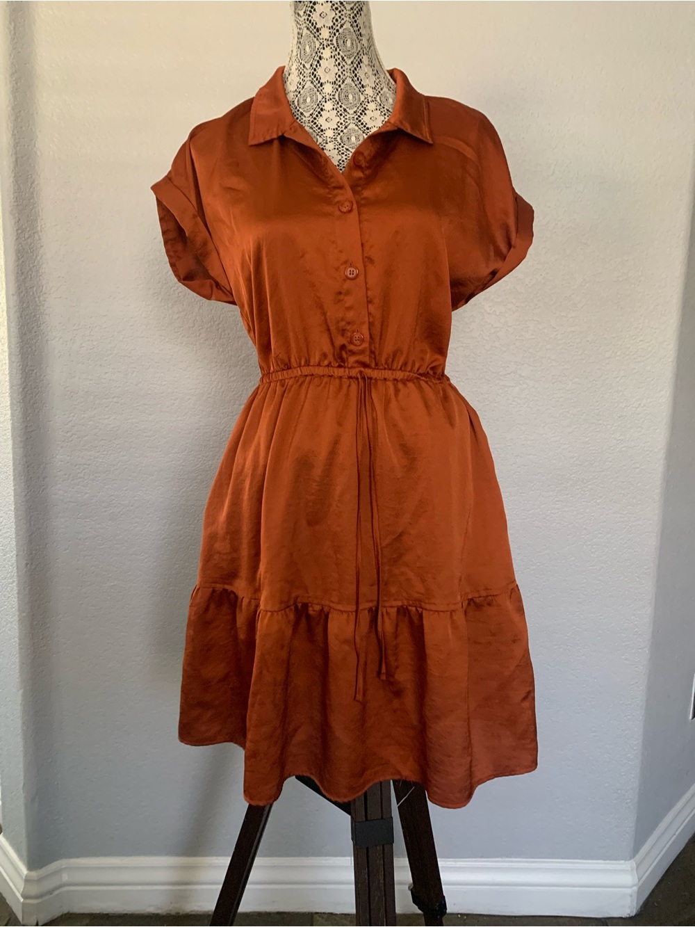 Lucky Brand Rust Orange Tiered Button-Front Midi Dress